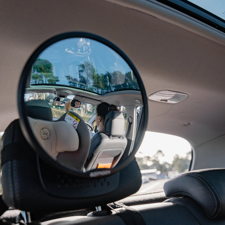 This image shows the wide angle view from the Ezimoov Round Car Seat Mirror