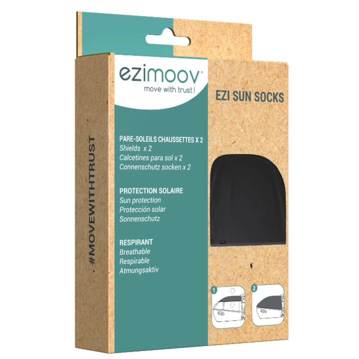 EziMoov EZI Sun Socks packaging showing breathable stretch-fit car window sun sock shades, providing UV sun protection for babies and passengers. Eco-friendly box design with product details and installation illustrations.