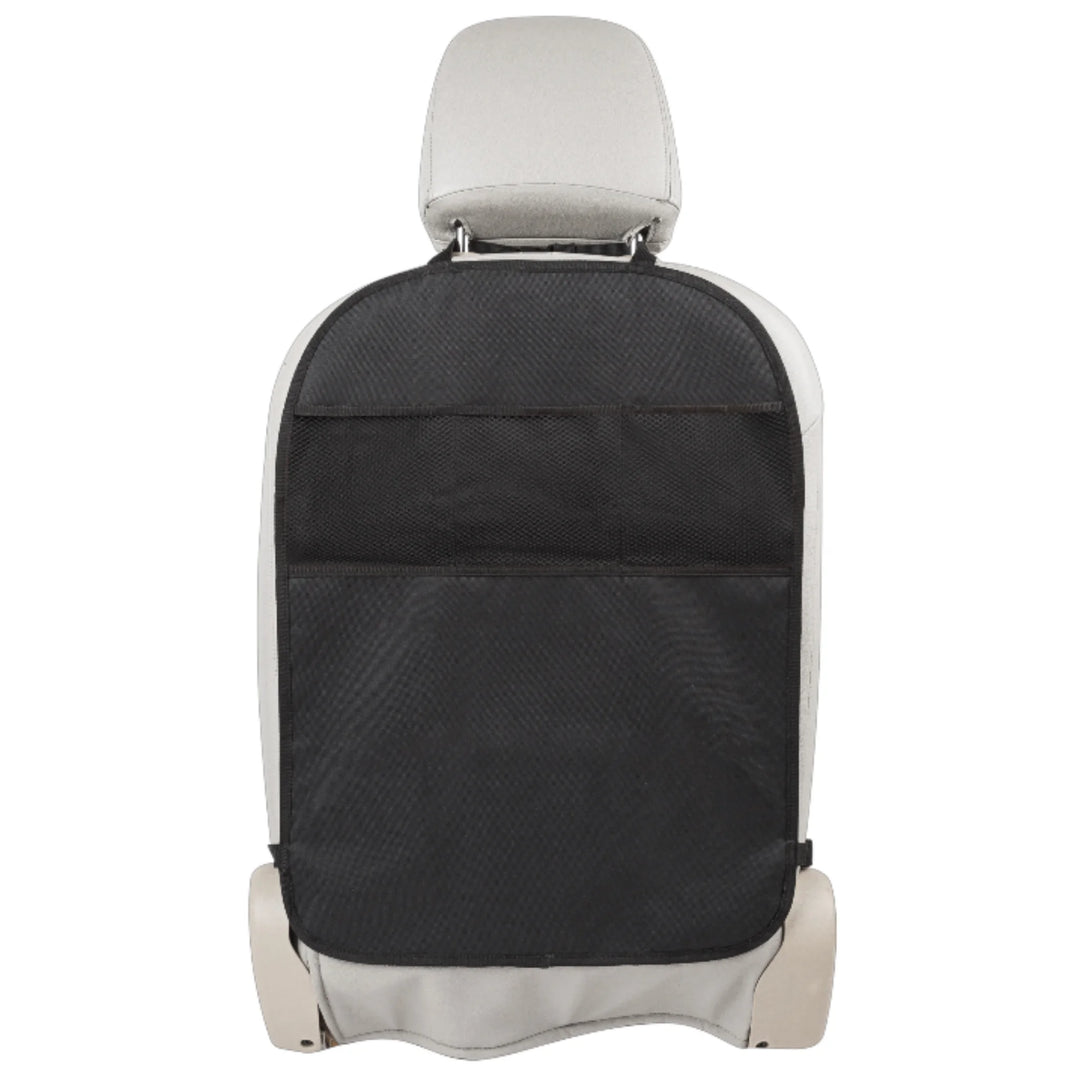 Car seat back protector on a light-coloured seat with a red ‘Up to 70% Off’ badge on a white background.
