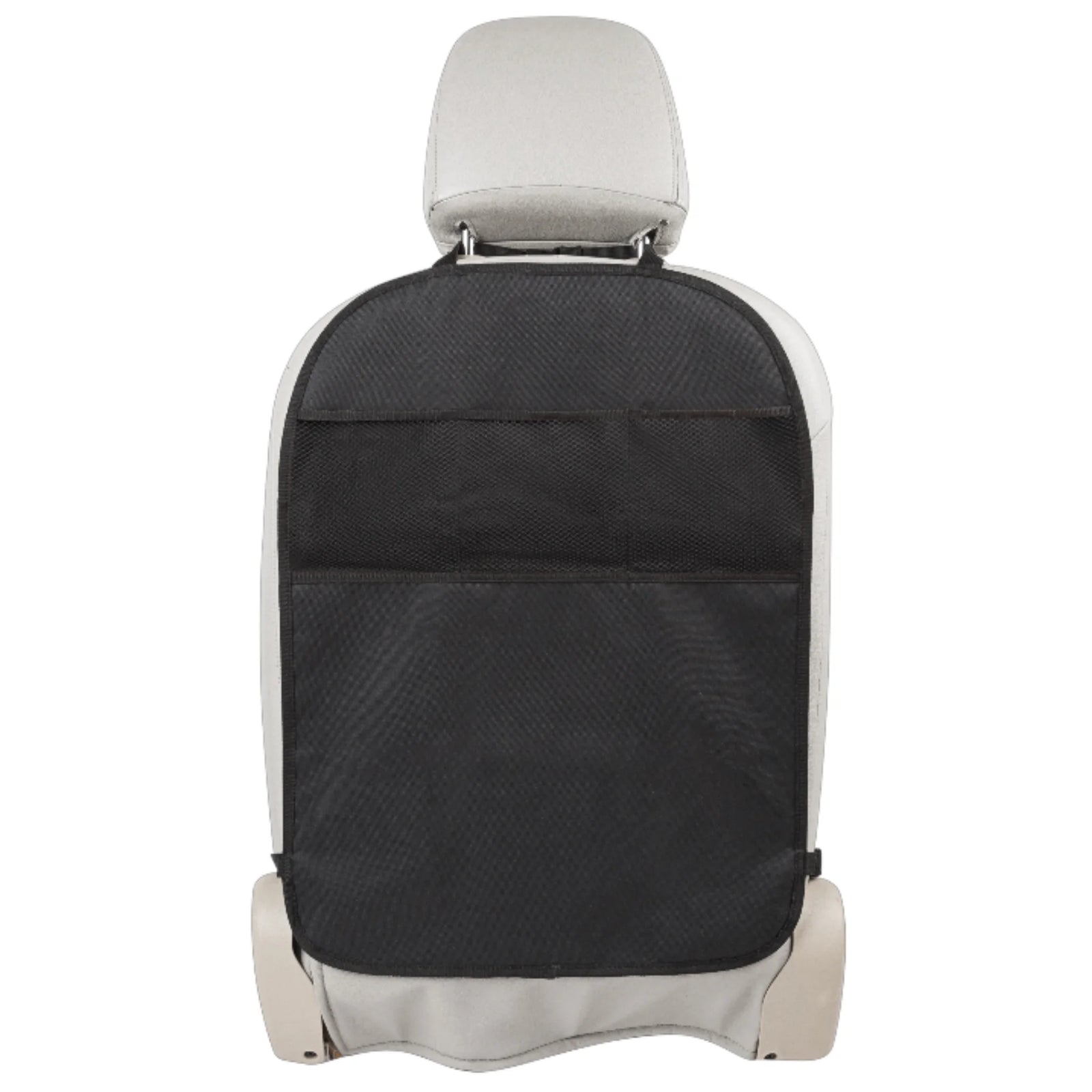 Car seat back protector on a light-coloured seat with a red ‘Up to 70% Off’ badge on a white background.
