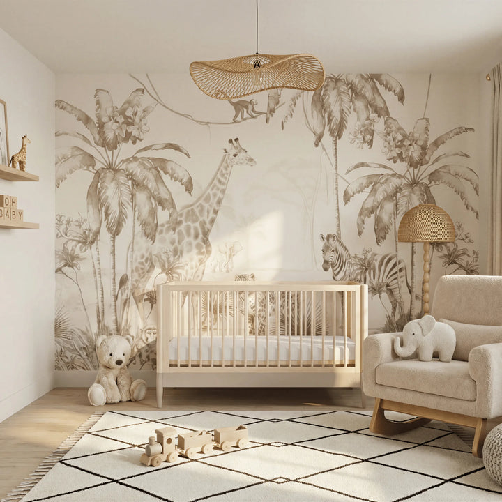 Gaia Baby Eos convertible cot in natural wood styled in a cashmere neutral nursery with safari animal wall mural, armchair and soft decor.