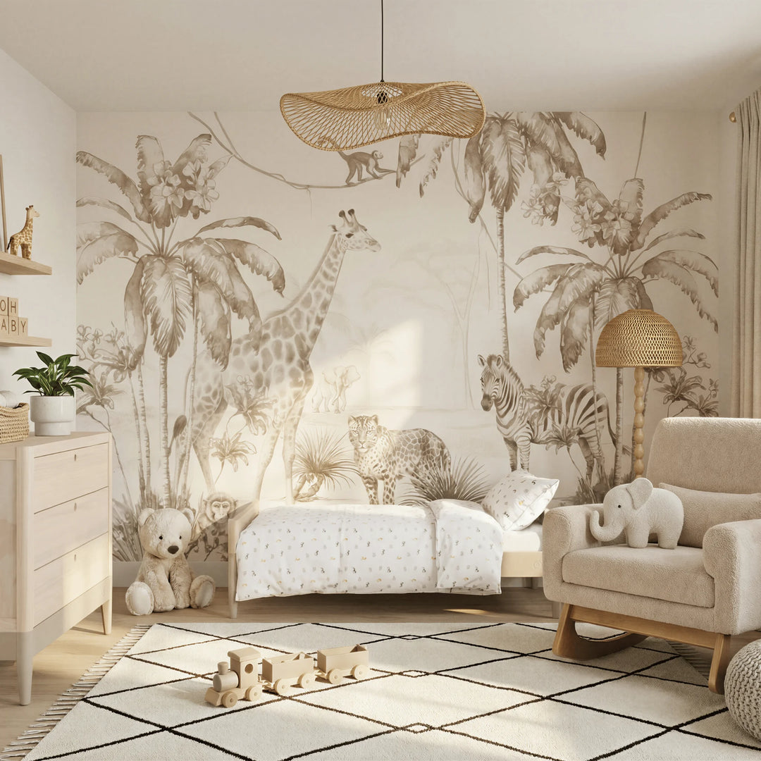 Gaia Baby Eos convertible cot transformed into toddler bed in natural wood styled in a cashmere nursery with safari animal wall mural and neutral decor.