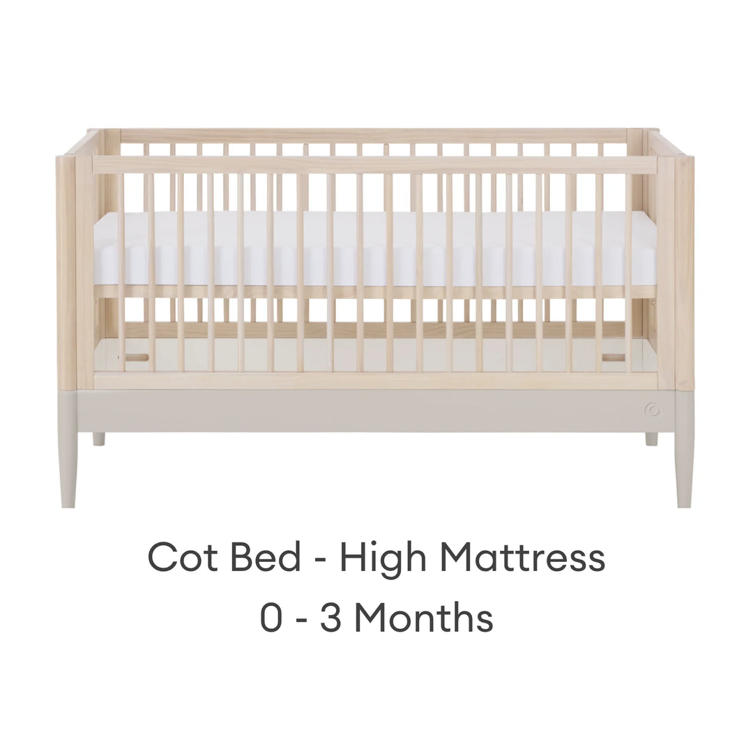 Gaia Baby Eos convertible cot bed in natural wood and cashmere finish with high mattress setting for newborns 0–3 months