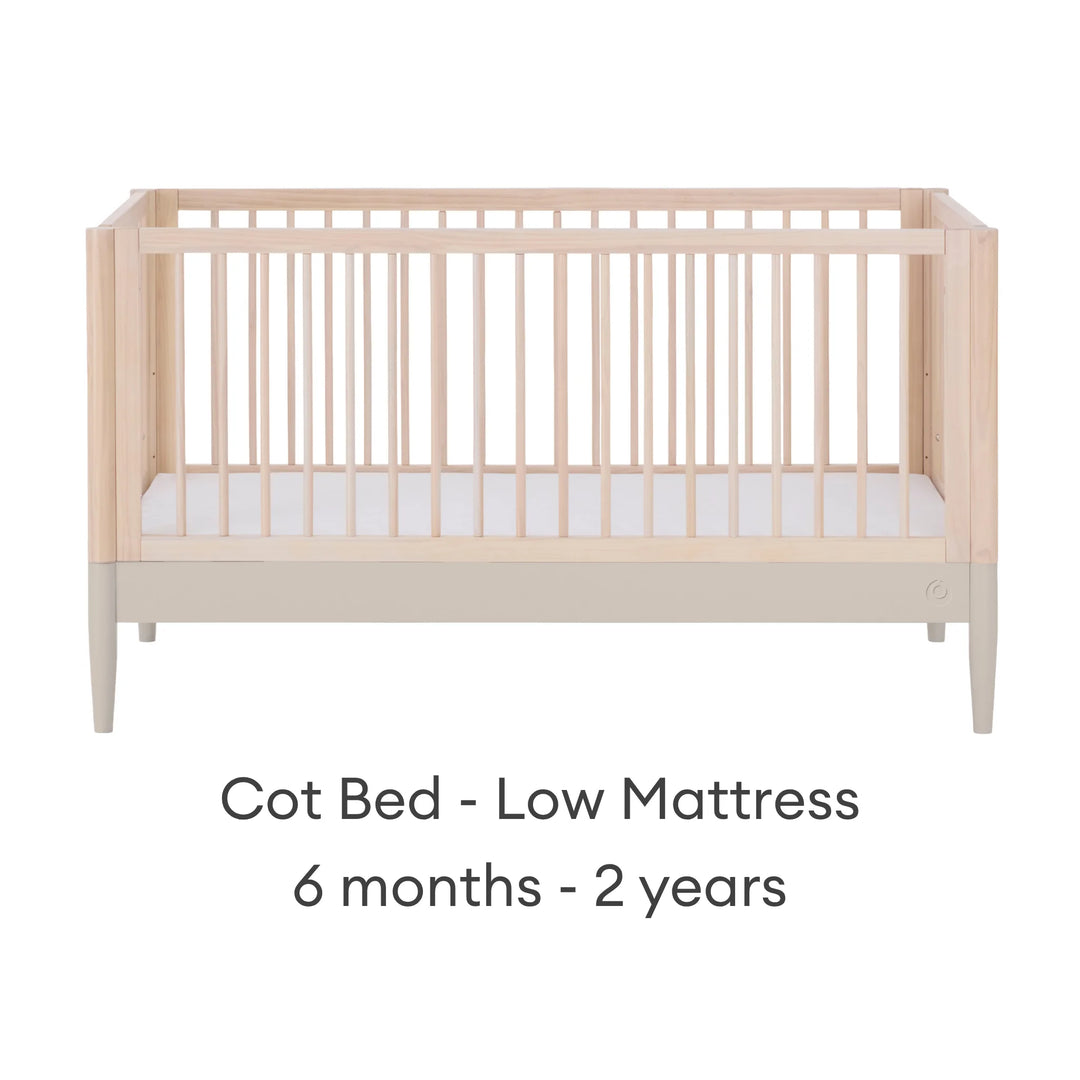 Gaia Baby Eos convertible cot bed in natural wood and cashmere finish with low mattress setting for babies 6 months to 2 years