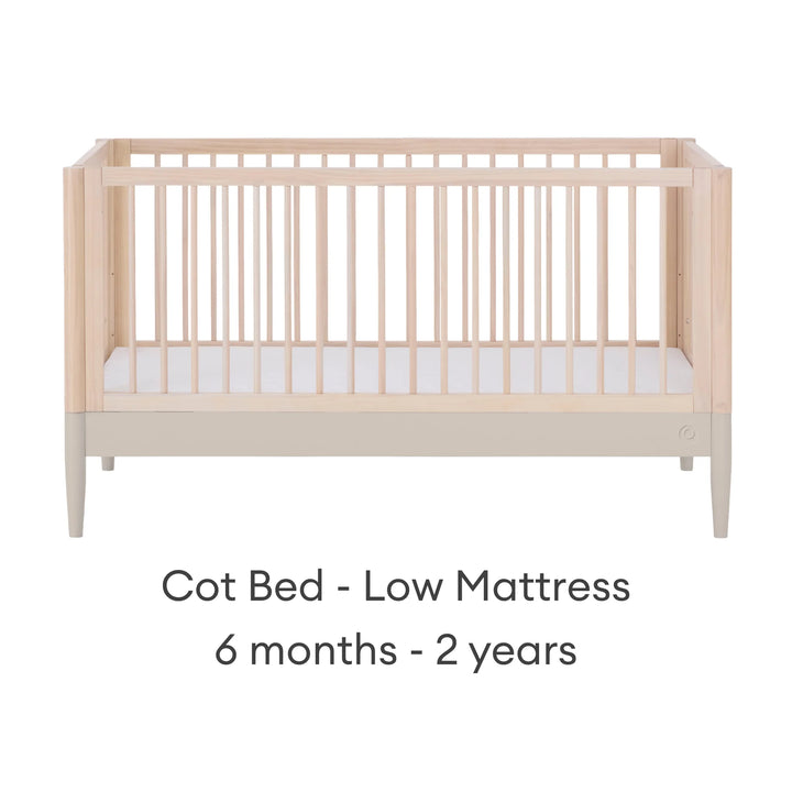 Gaia Baby Eos convertible cot bed in natural wood and cashmere finish with low mattress setting for babies 6 months to 2 years
