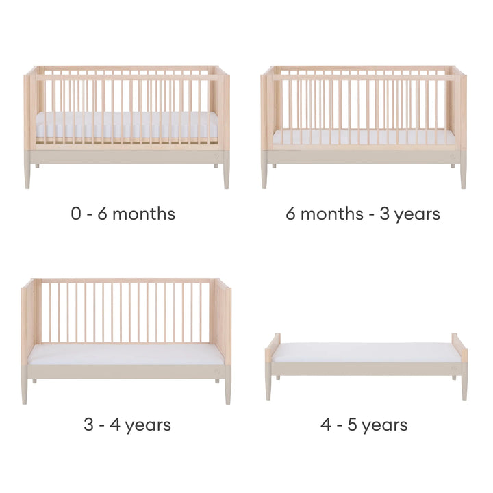 Gaia Baby Eos convertible cot in natural wood and cashmere showing all stages from cot to toddler bed and first bed (0 months to 5 years) on a white background.
