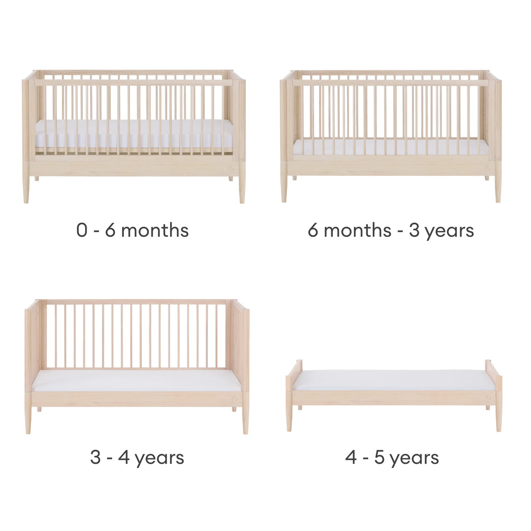 Gaia Baby Eos convertible cot stages in all-natural wood from newborn to first bed, showing cot, toddler bed and children’s bed from 0 months to 5 years.