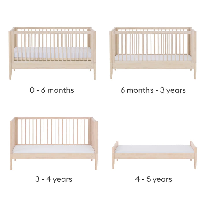 Gaia Baby Eos convertible cot stages in all-natural wood from newborn to first bed, showing cot, toddler bed and children’s bed from 0 months to 5 years.