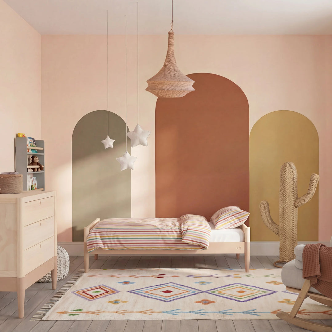Gaia Baby Eos convertible toddler bed in natural wood styled in a powder blush children’s bedroom with colourful wall arches