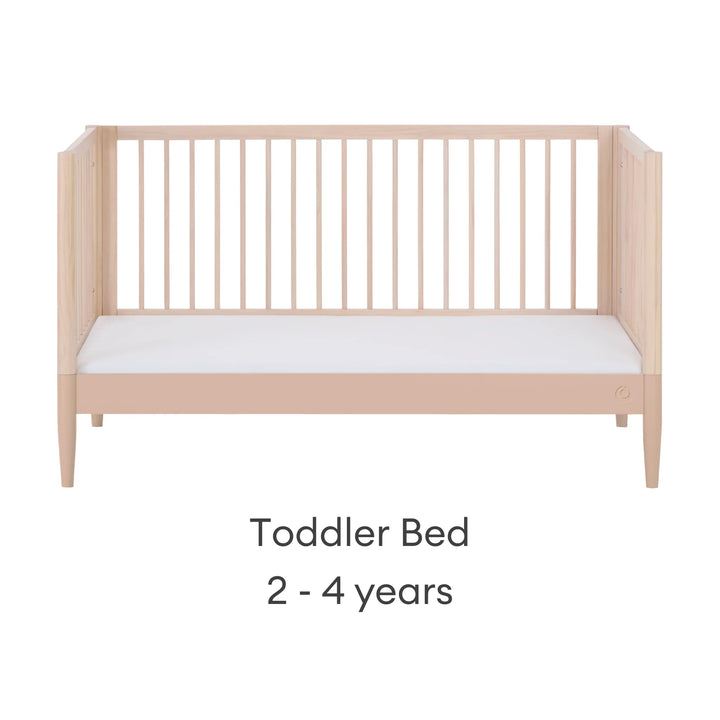 Gaia Baby Eos convertible cot transformed into toddler bed in natural wood and powder blush finish for ages 2–4 years on a white background.