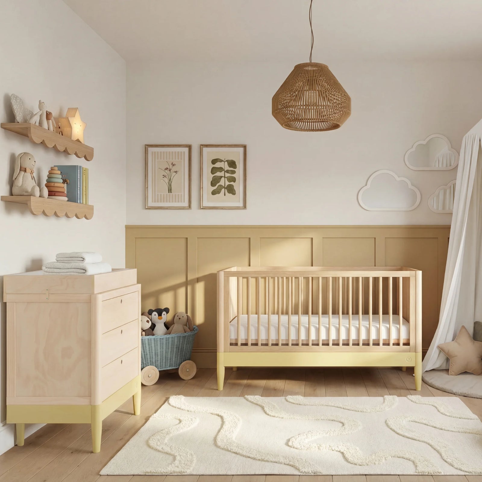 Gaia Baby Eos convertible cot and dresser in natural wood and primrose yellow in a warm neutral nursery with canopy and soft decor