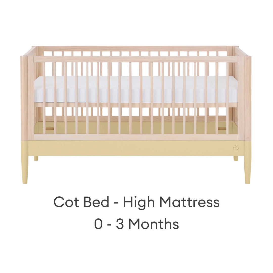 Gaia Baby Eos convertible cot bed in natural wood and yellow with high mattress setting for newborn (0–3 months)