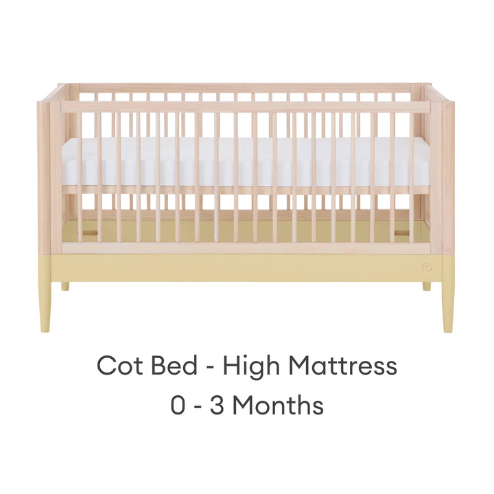 Gaia Baby Eos convertible cot bed in natural wood and yellow with high mattress setting for newborn (0–3 months)