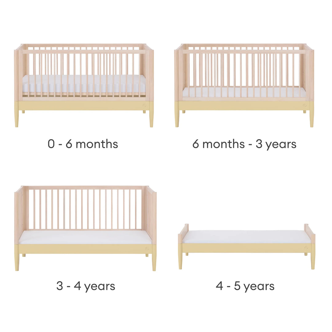 Gaia Baby Eos convertible cot bed in natural wood and yellow showing stages from newborn cot to toddler and junior bed (0–5 years)