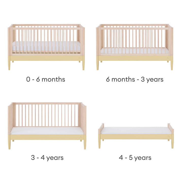 Gaia Baby Eos convertible cot bed in natural wood and yellow showing stages from newborn cot to toddler and junior bed (0–5 years)
