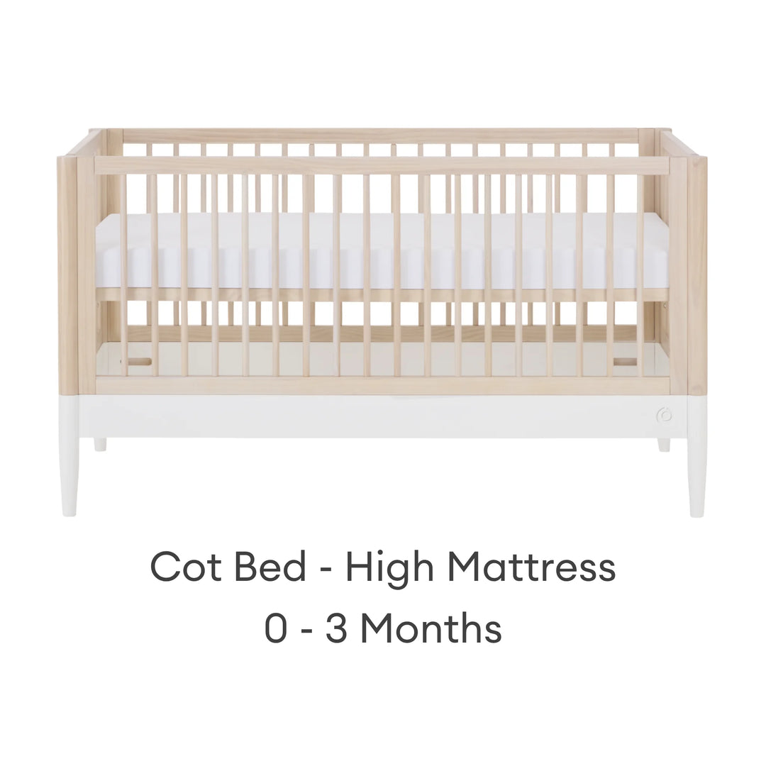 Gaia Baby Eos cot bed with high mattress position for 0–3 months in natural wood and white finish