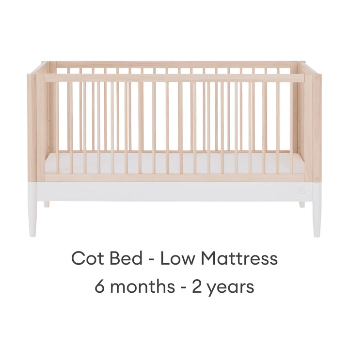 Gaia Baby Eos convertible cot bed in natural wood and white with low mattress setting for baby and toddler (6 months–2 years)