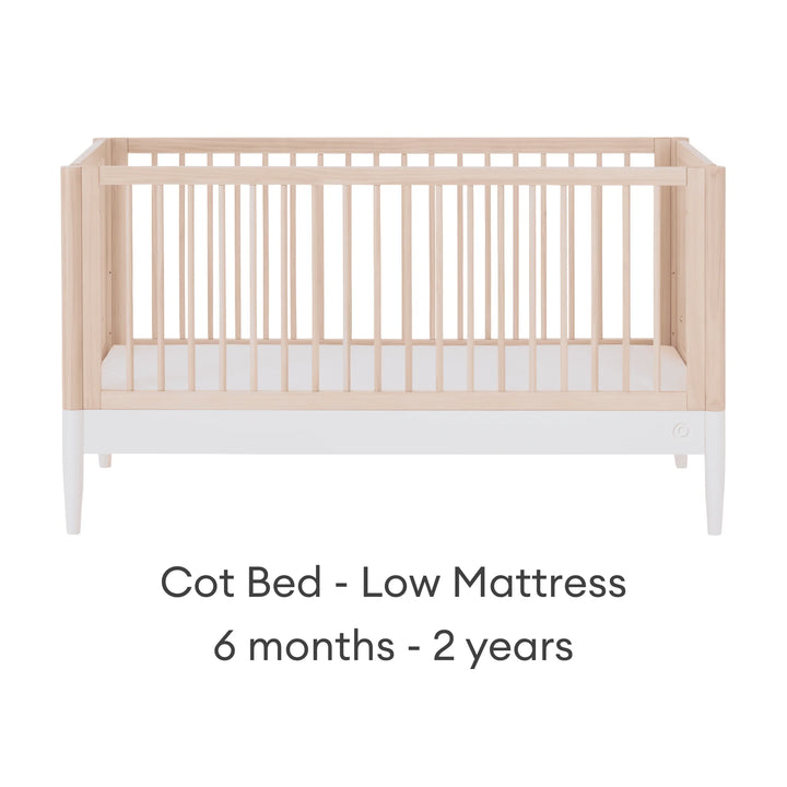 Gaia Baby Eos cot bed with low mattress position for 6 months to 2 years in natural wood and white finish