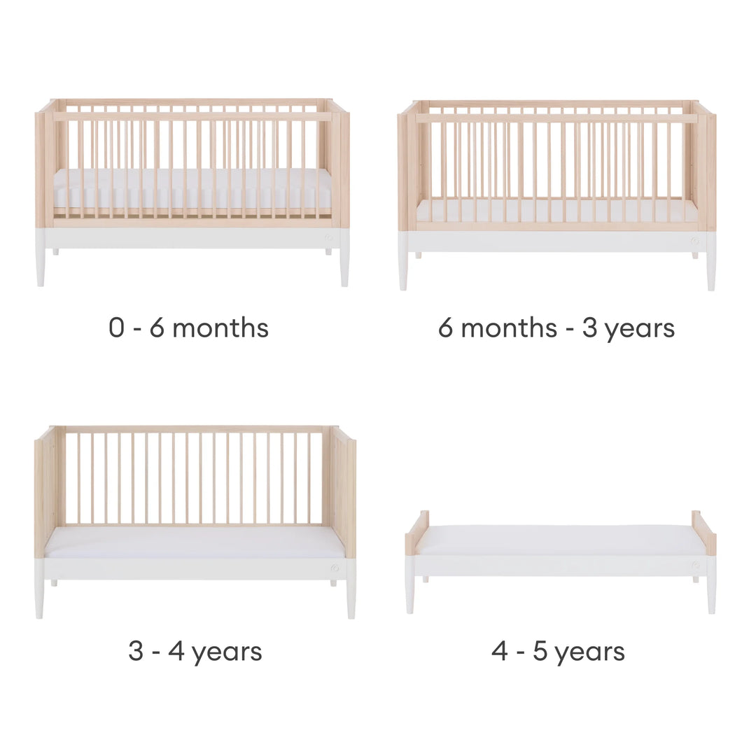 Gaia Baby Eos convertible cot bed stages from newborn to toddler, showing cot, toddler bed and junior bed configurations (0–5 years)