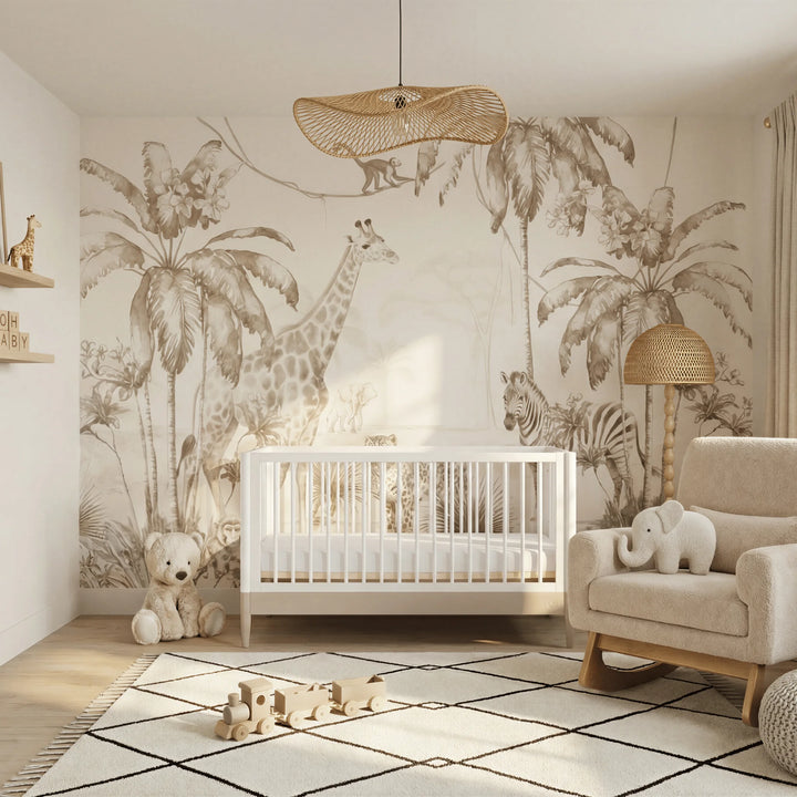 Gaia Baby Eos convertible cot in white cashmere in a safari nursery with animal mural, armchair and soft furnishings