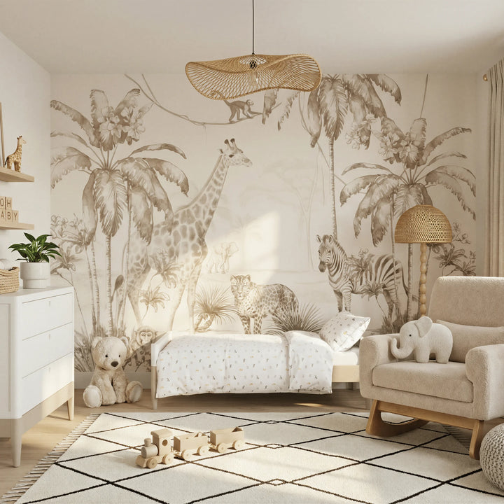 Gaia Baby Eos convertible cot in white and cashmere configured as a toddler bed in a neutral nursery with safari animal wall mural and soft furnishings.