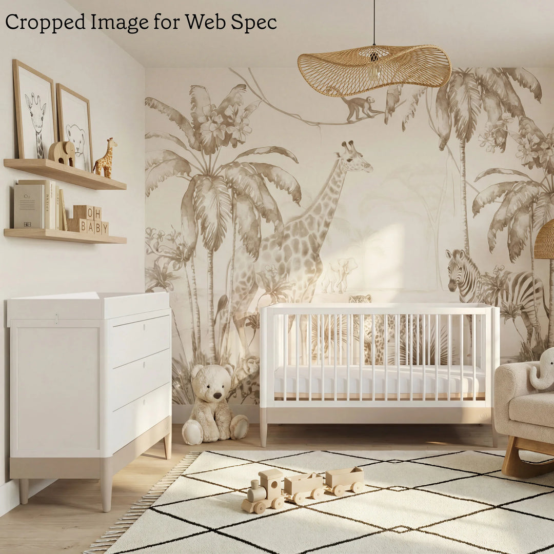 Gaia Baby Eos convertible cot and dresser in white and cashmere in a neutral nursery with safari animal wall mural and soft furnishings