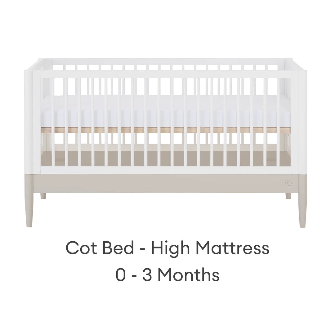 Gaia Baby Eos convertible cot bed white and cashmere cot mode with high mattress position newborn baby 0 to 3 months wooden crib