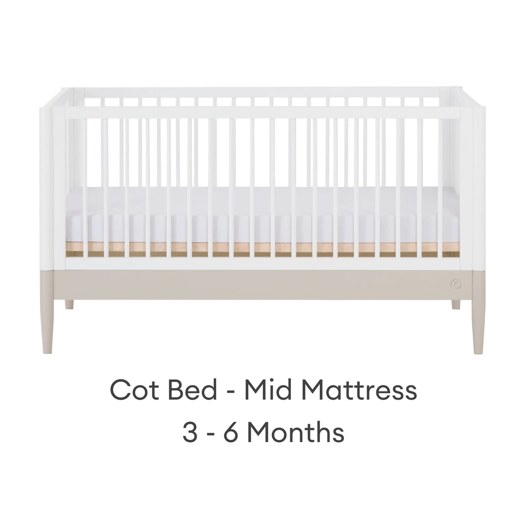 Gaia Baby Eos convertible cot bed white and cashmere cot mode with mid mattress position baby 3 to 6 months adjustable wooden crib