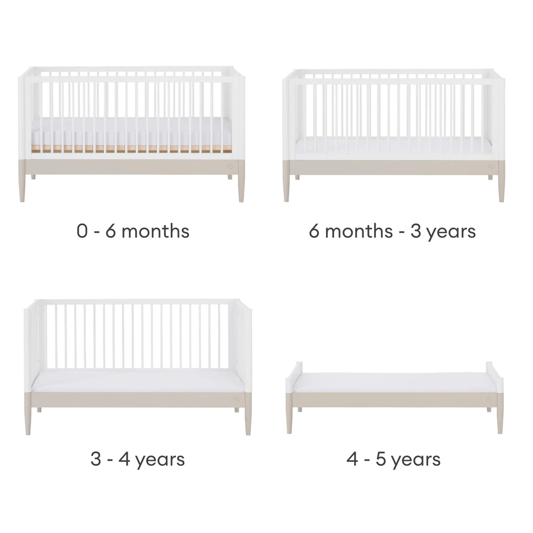 Gaia Baby Eos convertible cot bed stages from newborn crib to toddler bed and first bed 0 to 5 years white and cashmere nursery furniture