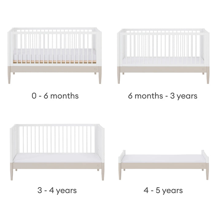 Gaia Baby Eos convertible cot bed stages from newborn crib to toddler bed and first bed 0 to 5 years white and cashmere nursery furniture