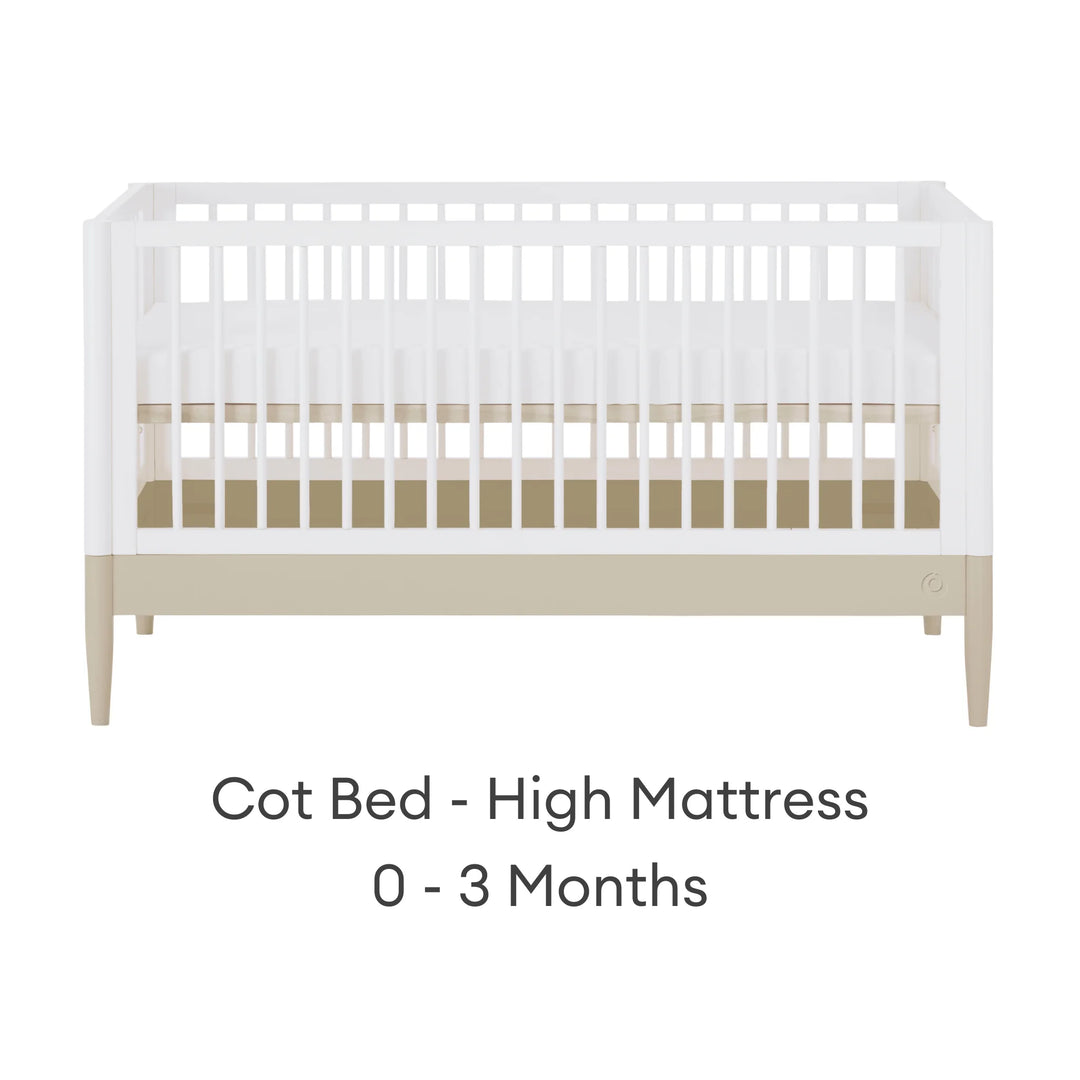 Gaia Baby Eos convertible cot bed white and cashmere high mattress setting for newborn 0 to 3 months adjustable baby crib front view