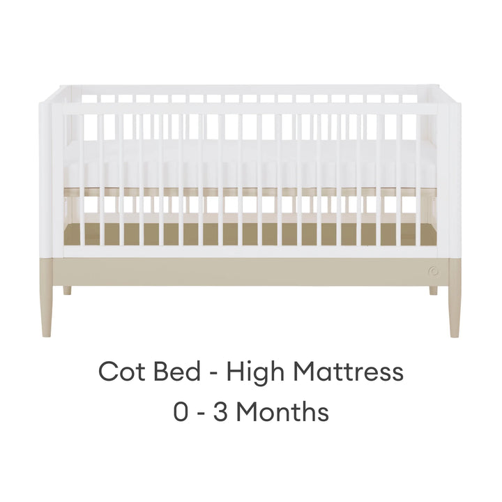 Gaia Baby Eos convertible cot bed white and cashmere high mattress setting for newborn 0 to 3 months adjustable baby crib front view