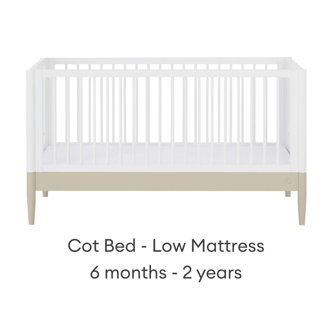 Gaia Baby Eos convertible cot bed white and cashmere low mattress setting for baby 6 months to 2 years adjustable cot bed front view