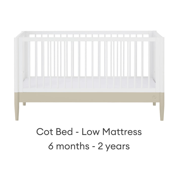 Gaia Baby Eos convertible cot bed white and cashmere low mattress setting for baby 6 months to 2 years adjustable cot bed front view