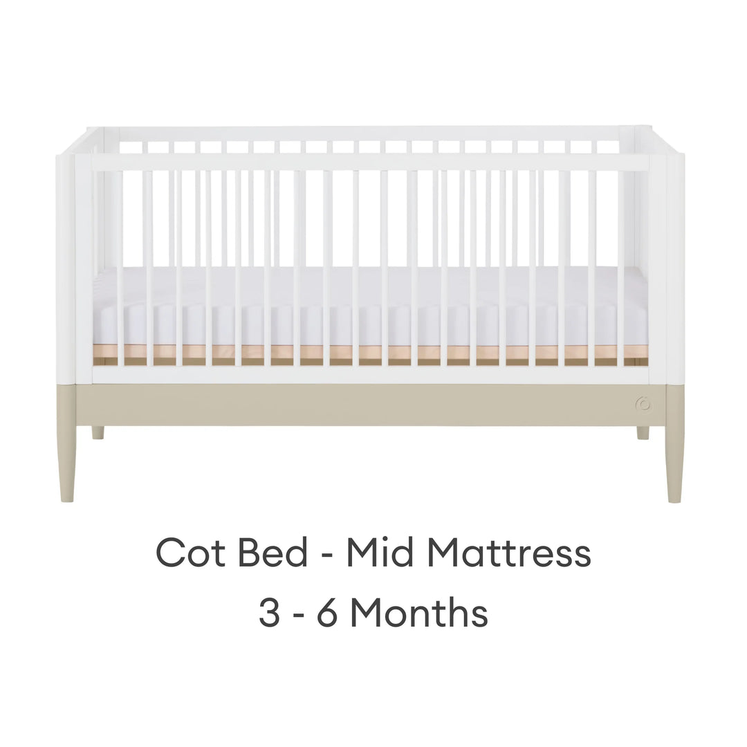 Gaia Baby Eos convertible cot bed white and cashmere mid mattress setting for baby 3 to 6 months adjustable cot bed front view