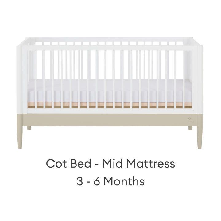 Gaia Baby Eos convertible cot bed white and cashmere mid mattress setting for baby 3 to 6 months adjustable cot bed front view
