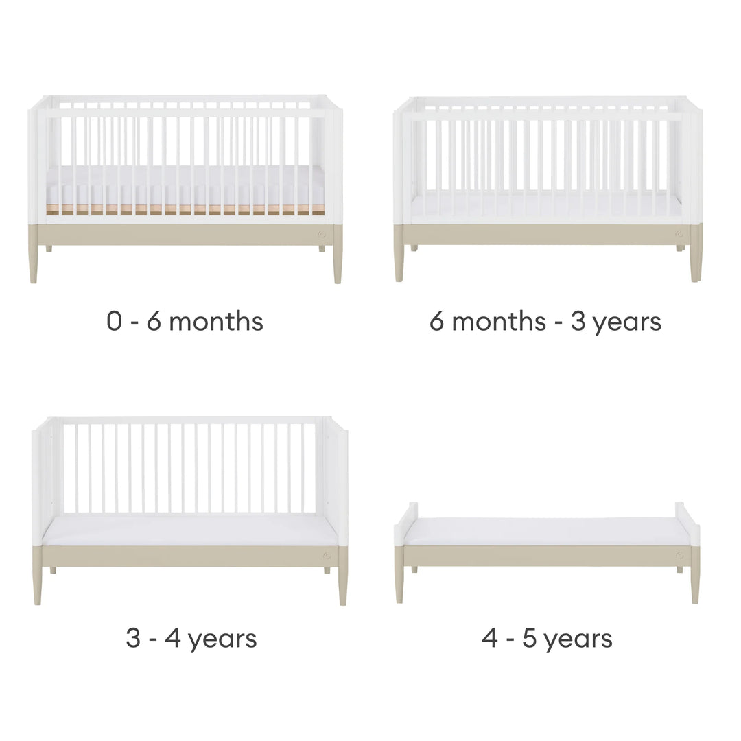 Gaia Baby Eos convertible cot bed progression stages from newborn cot to toddler bed and first bed 0 to 5 years white and cashmere