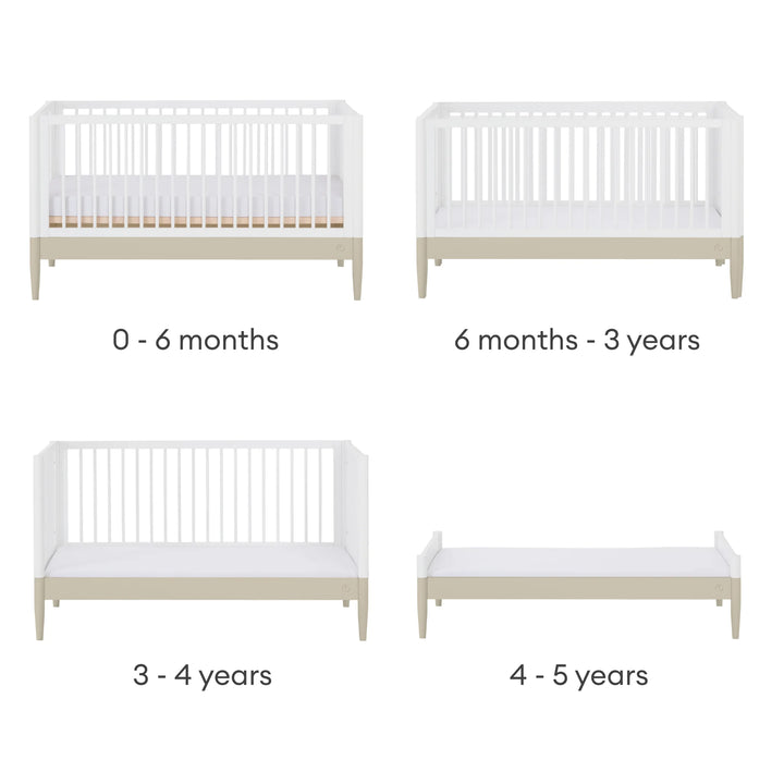 Gaia Baby Eos convertible cot bed progression stages from newborn cot to toddler bed and first bed 0 to 5 years white and cashmere