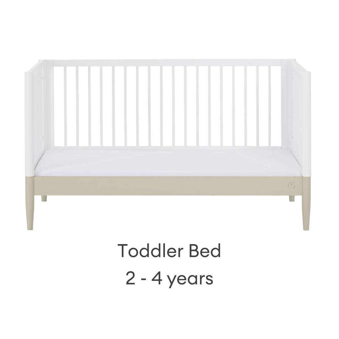 Gaia Baby Eos convertible cot bed transformed into toddler bed white and cashmere 2 to 4 years modern toddler bed front view with safety sides