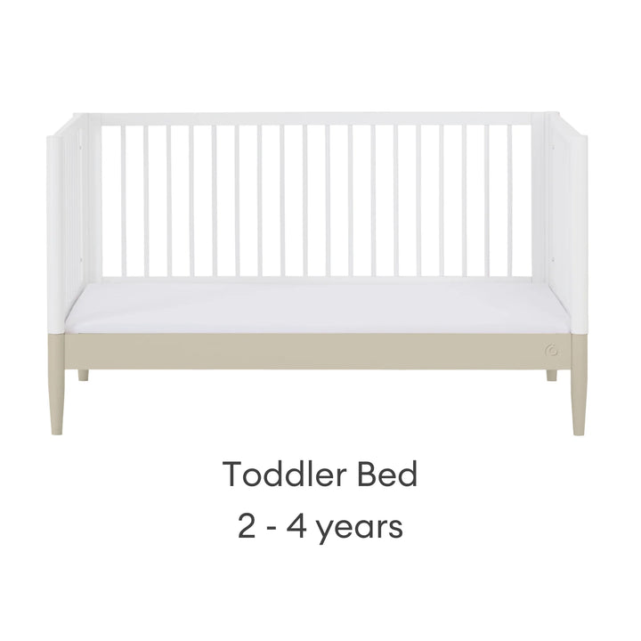 Gaia Baby Eos convertible cot bed transformed into toddler bed white and cashmere 2 to 4 years modern toddler bed front view with safety sides