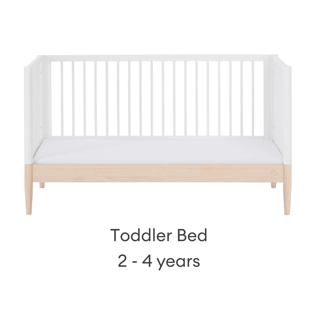 Gaia Baby Eos convertible cot bed transformed into toddler bed white and natural wood 2 to 4 years modern toddler bed front view with safety sides