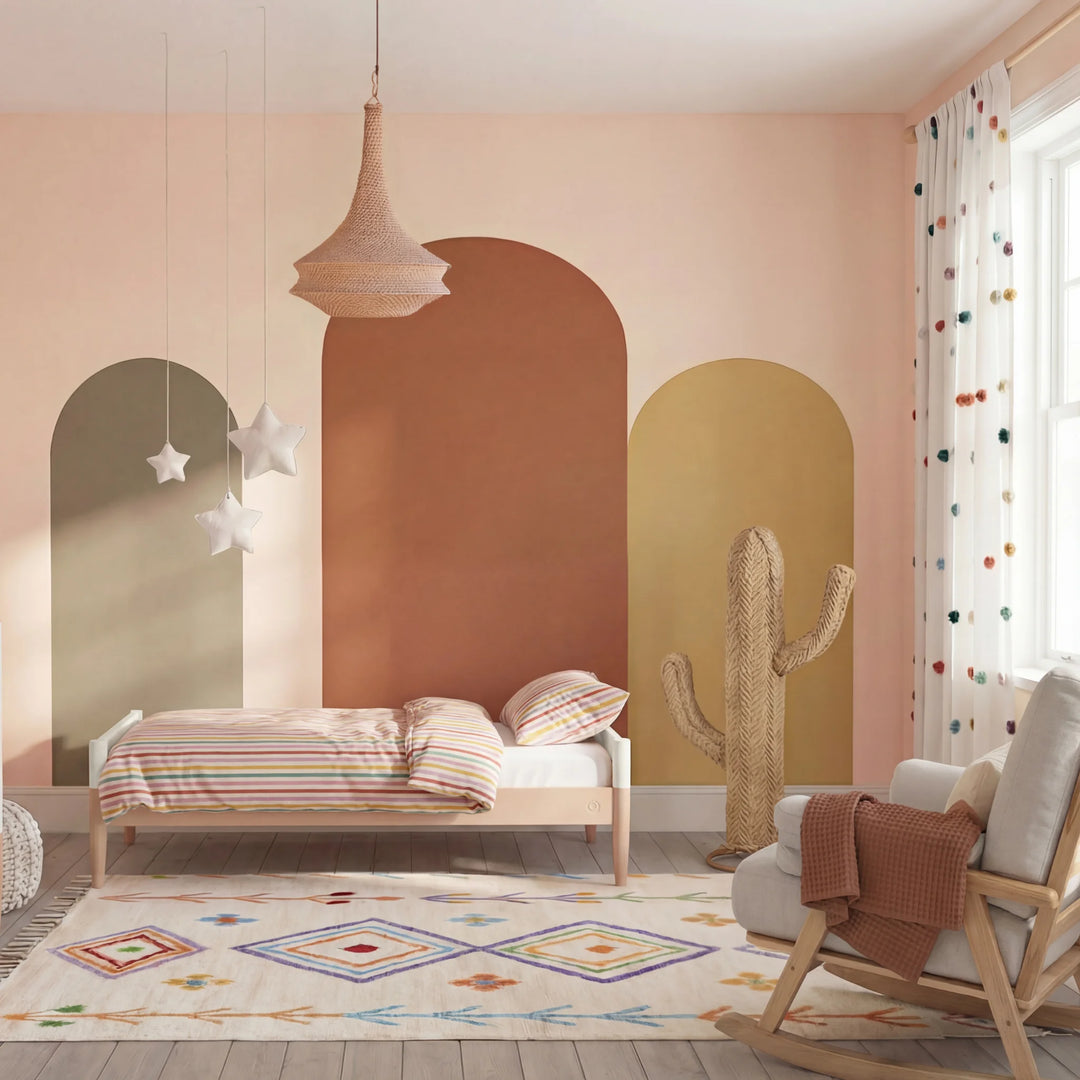 Gaia Baby Eos convertible cot in white and powder blush configured as a toddler bed in a styled nursery with colourful wall arches and rug.