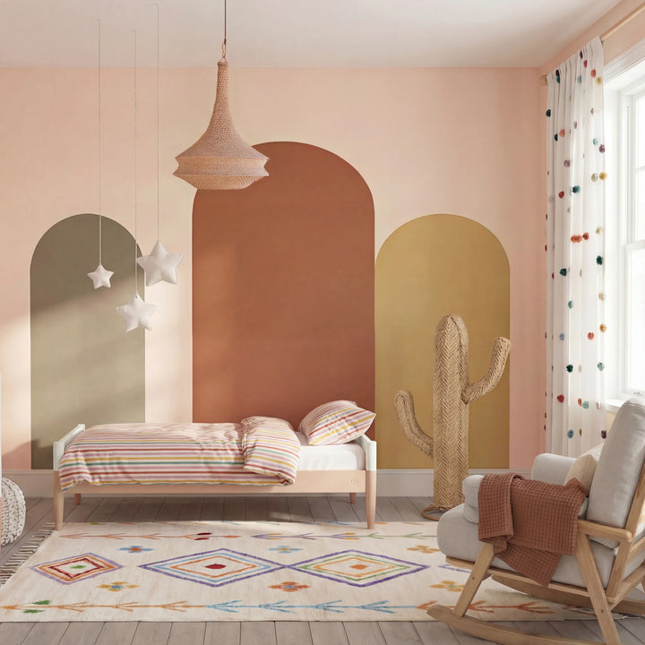 Gaia Baby Eos convertible cot in white and powder blush configured as a toddler bed in a styled nursery with colourful wall arches and rug.