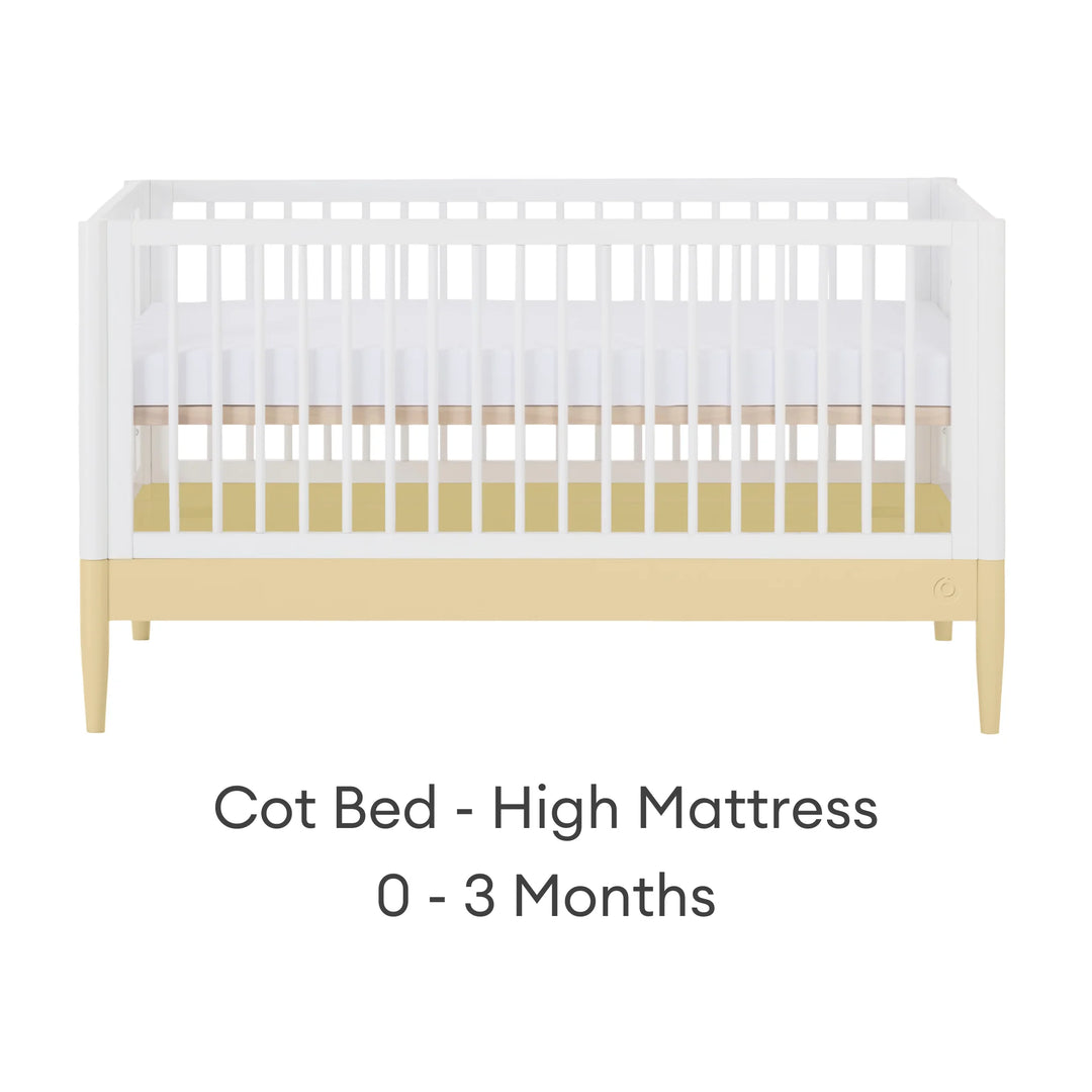 Gaia Baby Eos cot bed in white and yellow with high mattress setting for newborn 0–3 months on a white background
