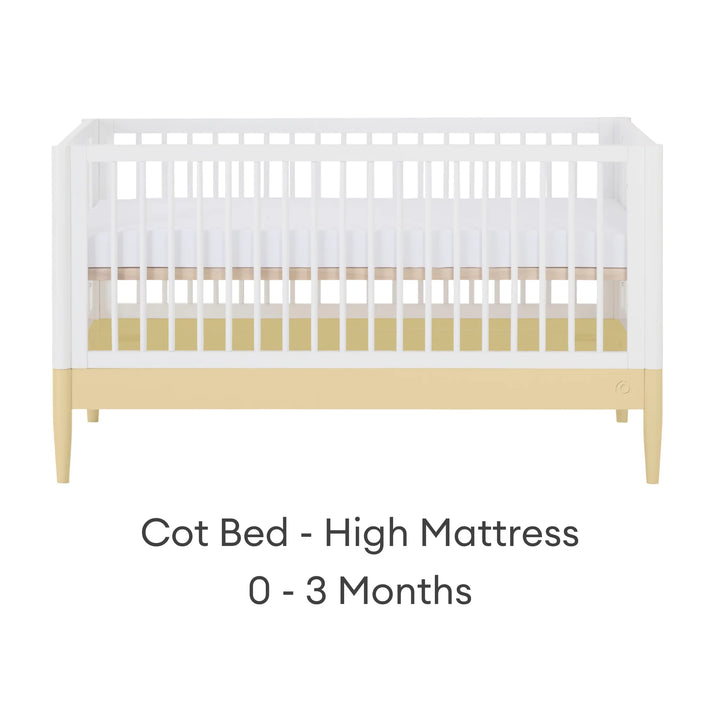 Gaia Baby Eos cot bed in white and yellow with high mattress setting for newborn 0–3 months on a white background
