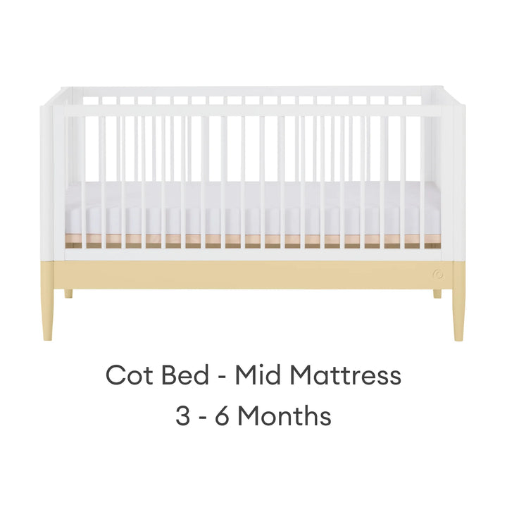 Gaia Baby Eos cot bed in white and yellow with mid mattress setting for baby 3–6 months on a white background
