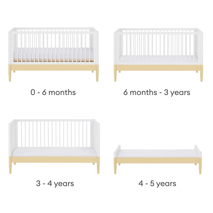Gaia Baby Eos cot bed in white and yellow showing conversion stages from newborn to first bed (0–6 months to 4–5 years) on a white background