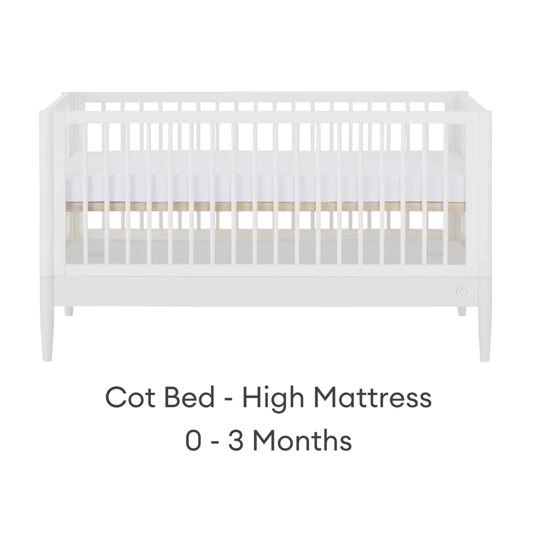 Gaia Baby Eos convertible cot bed in white with high mattress position for 0–3 months on a white background