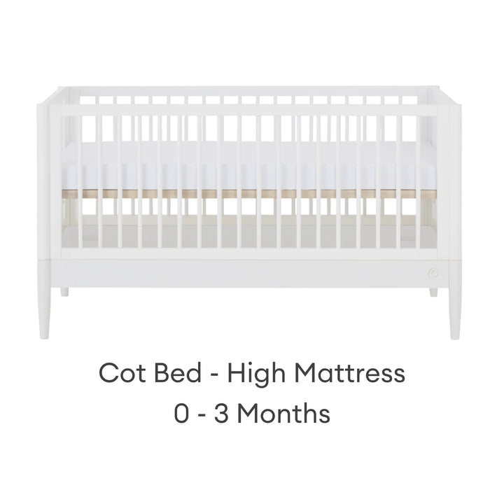 Gaia Baby Eos convertible cot bed in white with high mattress position for 0–3 months on a white background