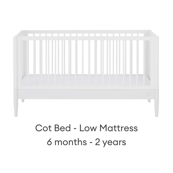 Gaia Baby Eos convertible cot bed in white with low mattress position for 6 months–2 years on a white background